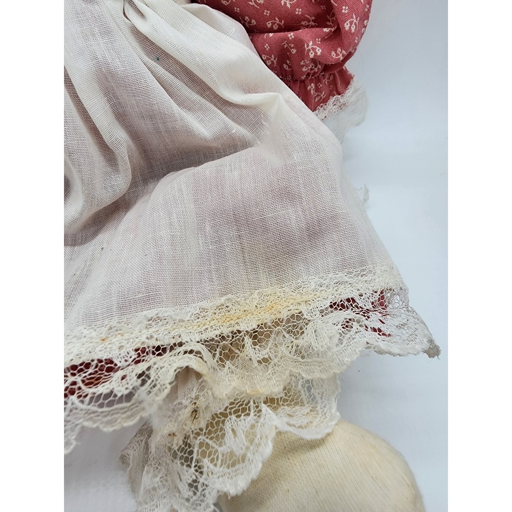 Vintage Handmade Primitive Rag Doll Bunny Rabbit Red Floral Dress Lace Trim 20in - Picture 6 of 9
